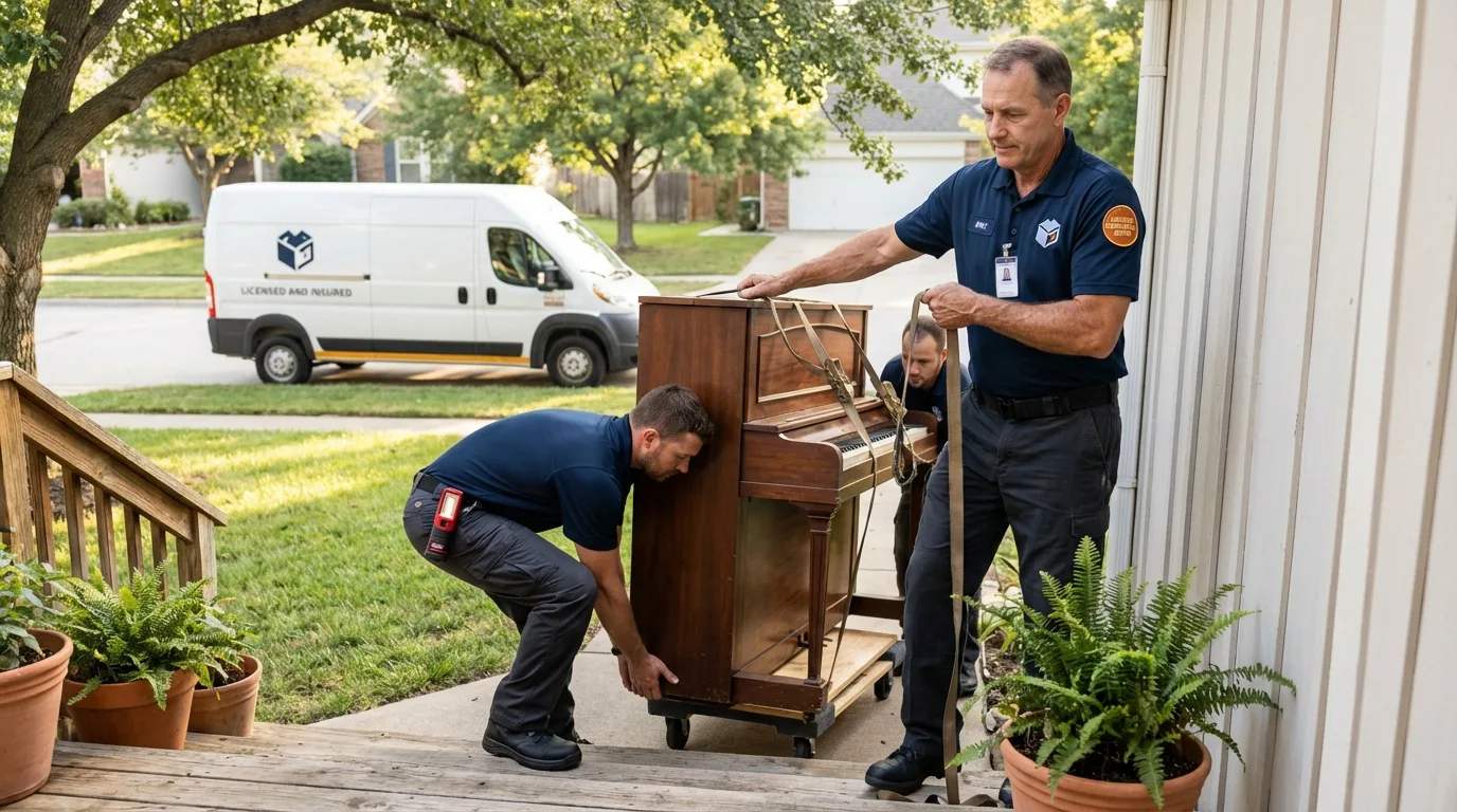 Licensed piano movers securing grand piano in East Flat Rock, NC