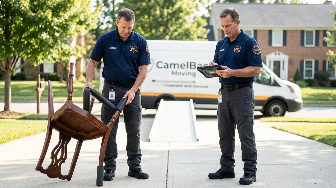 Movers inspecting furniture for damage prevention before loading in East Flat Rock, NC