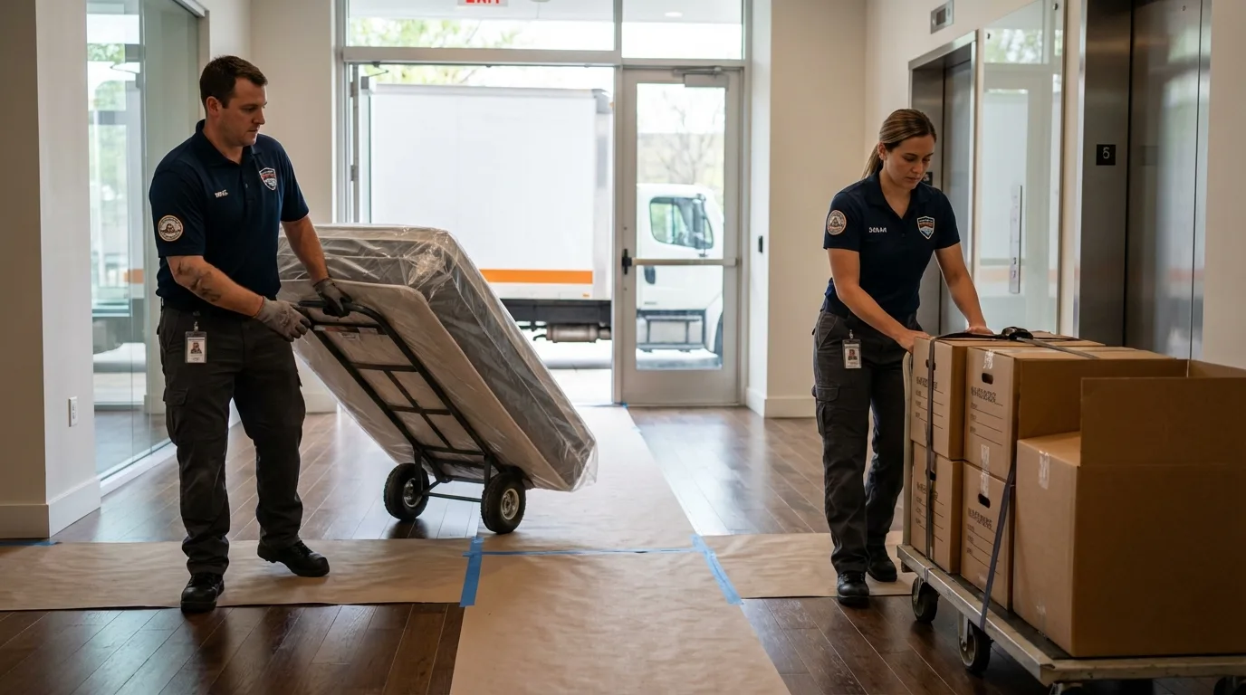 Professional apartment movers loading elevator in East Flat Rock, NC