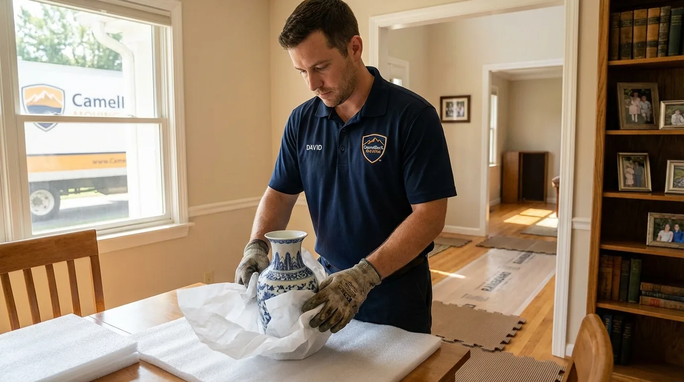 Professional crew carefully wrapping antique vase for senior downsizing move in East Flat Rock, NC
